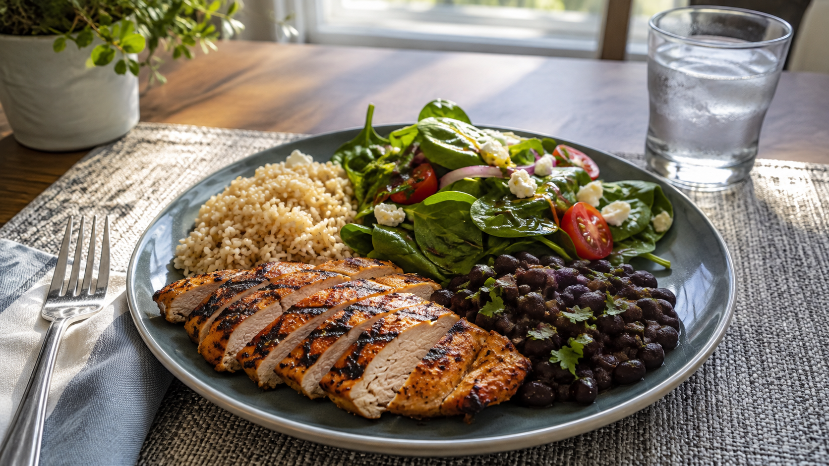 A balanced dinner plate with sliced grilled chicken, brown rice, spinach salad, and black beans sits on a home dining table in natural daylight.