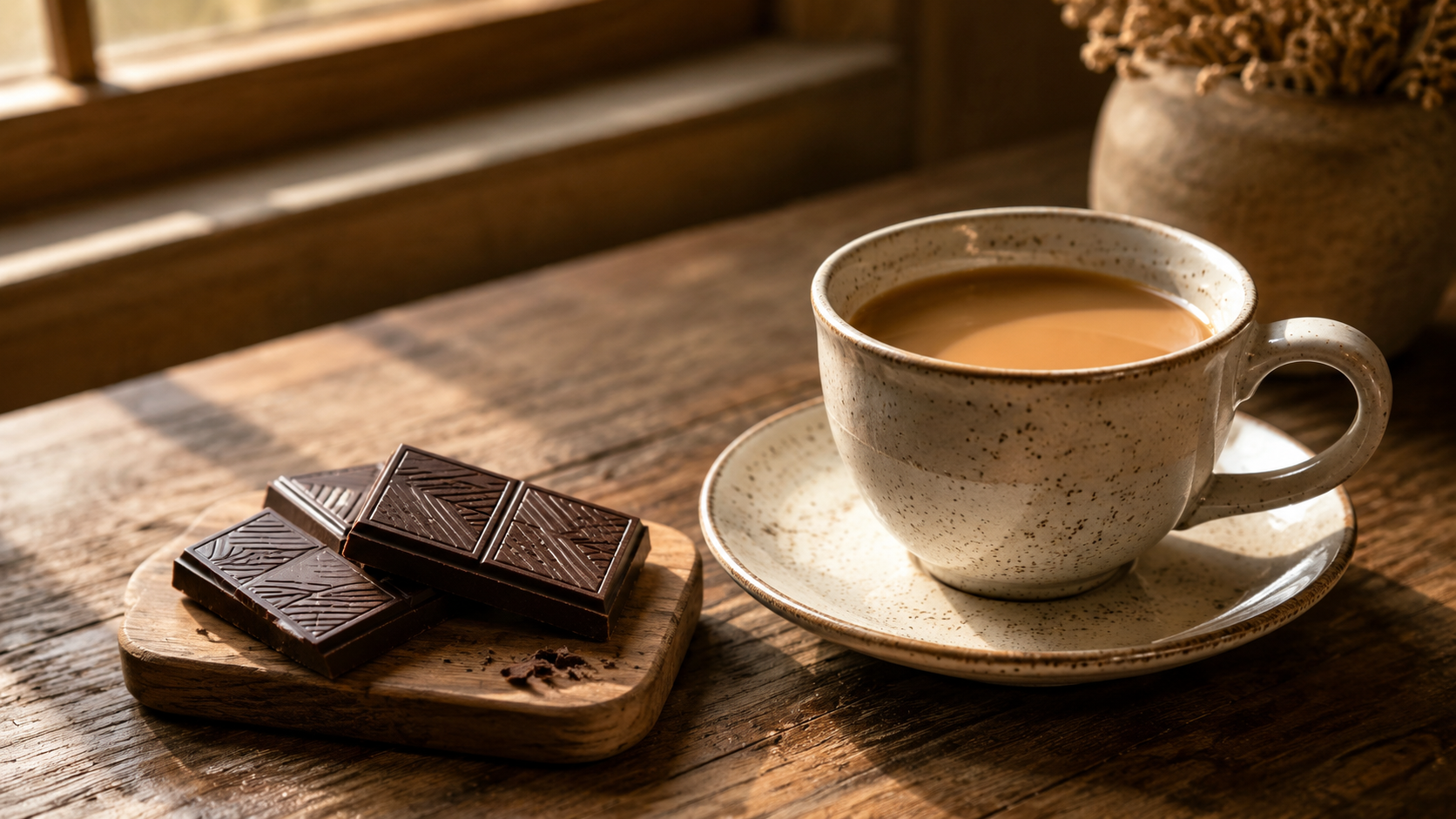 Several squares of dark chocolate rest on a small wooden board beside a warm cup of coffee on a rustic table in soft afternoon light.