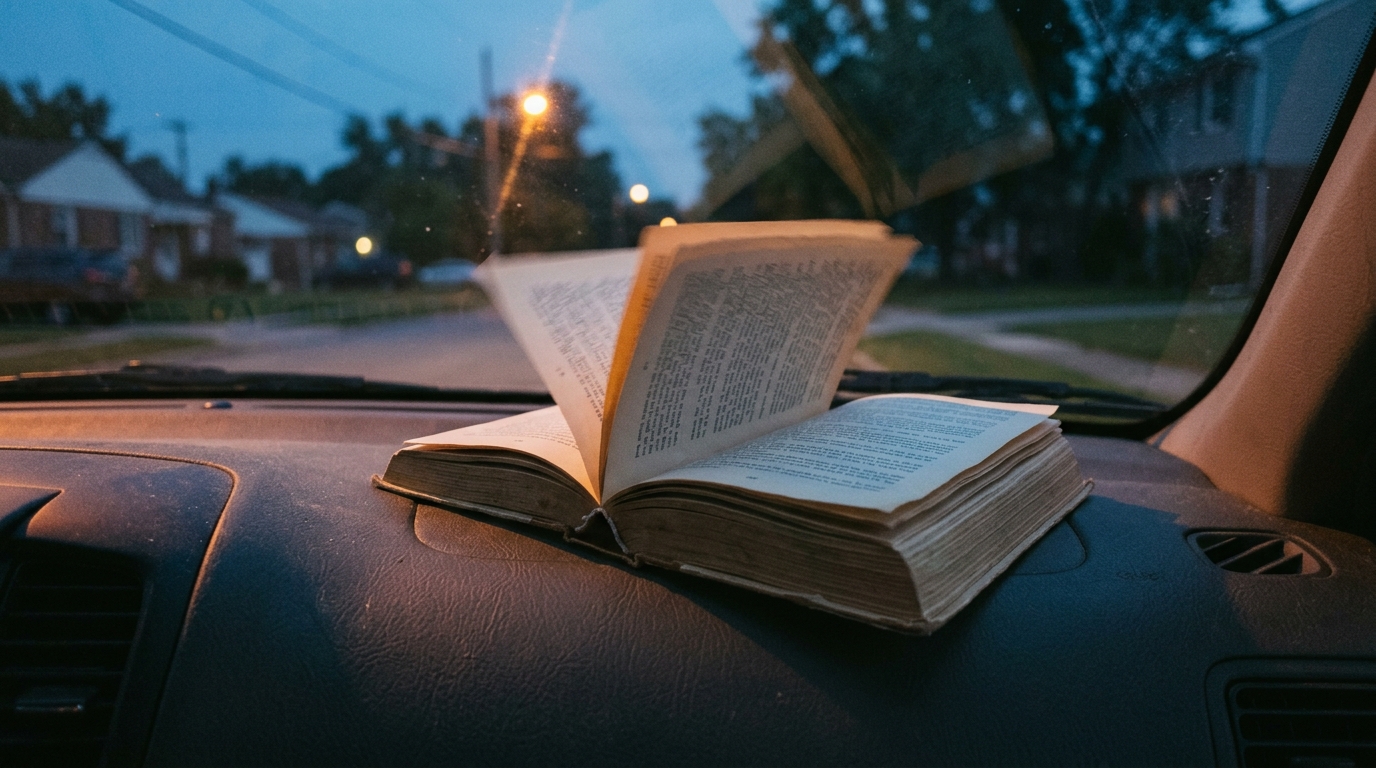 A dog-eared paperback rests open on a car dashboard as streetlight catches the page, the quiet pause before walking back into a conversation about defending your faith.