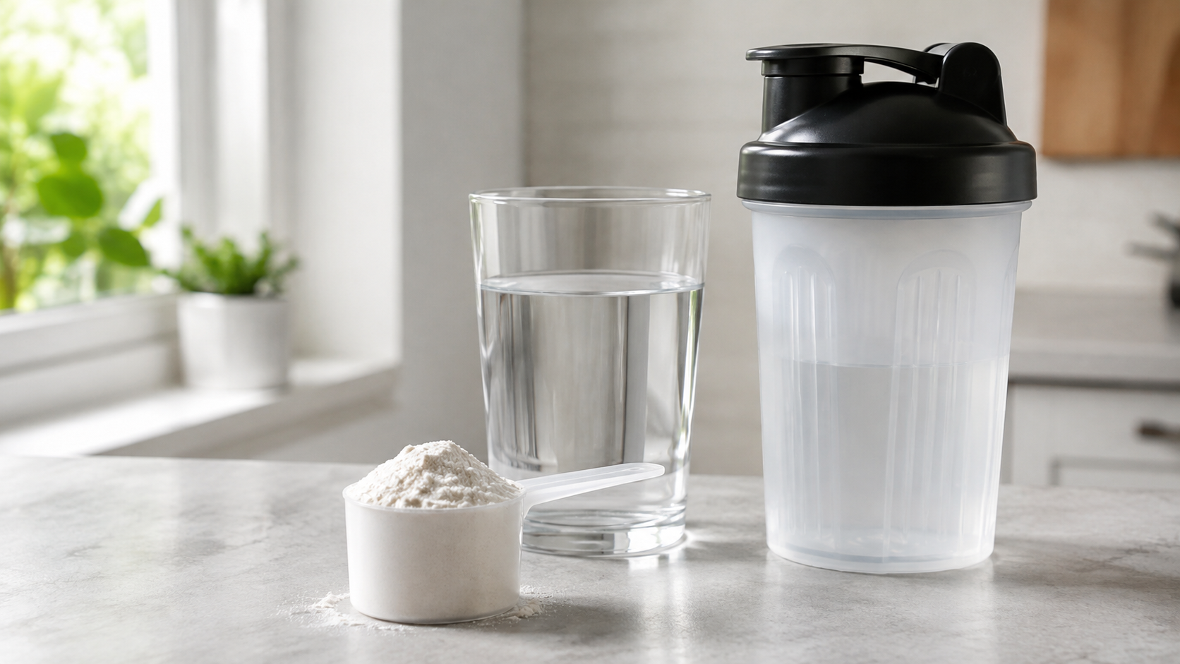 A scoop of white creatine powder sits beside a clear glass of water and a shaker bottle on a bright kitchen counter illuminated by natural daylight.
