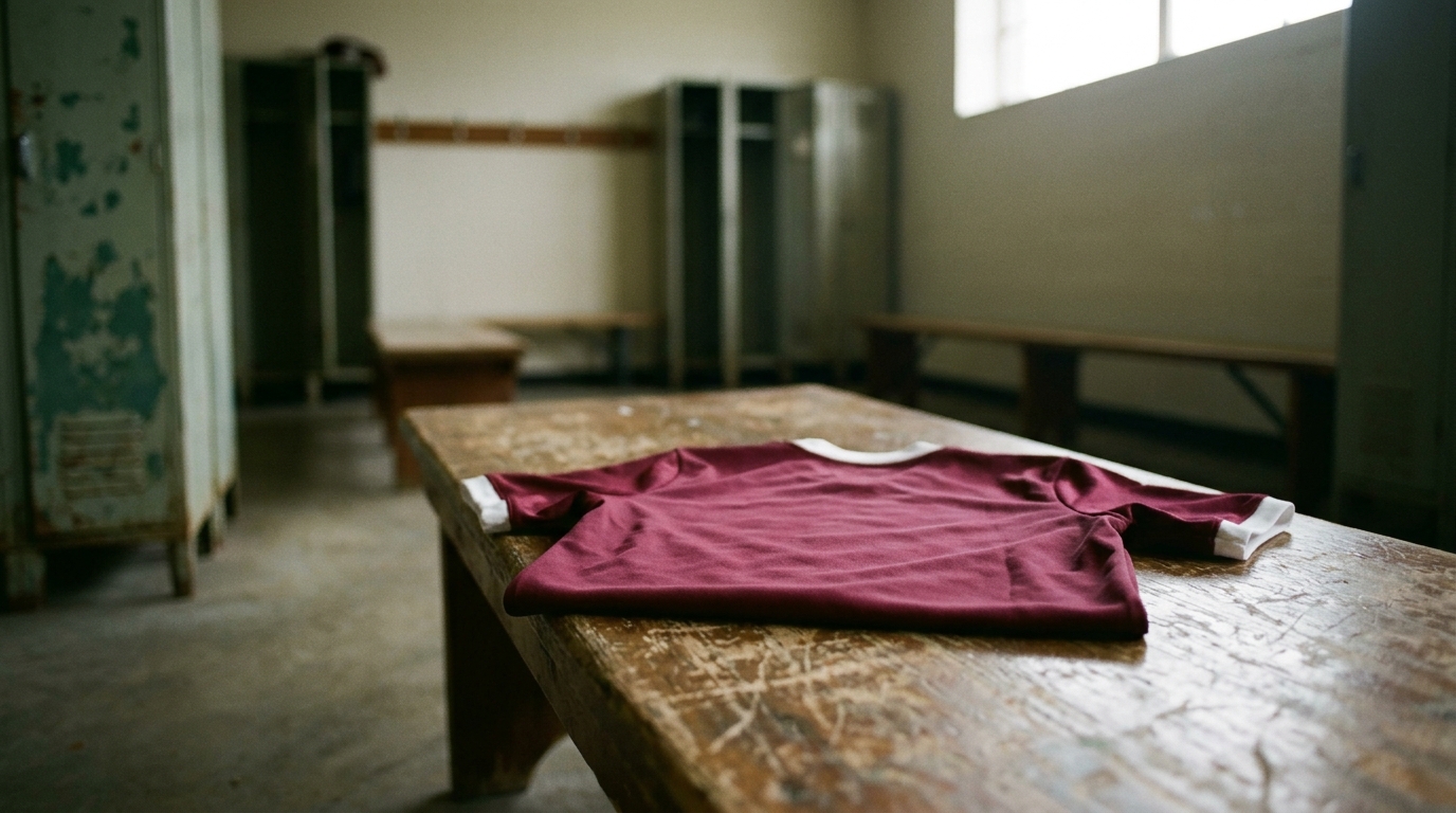 Folded athletic jersey on a wooden locker bench in early morning light, representing faith after public failure and starting over