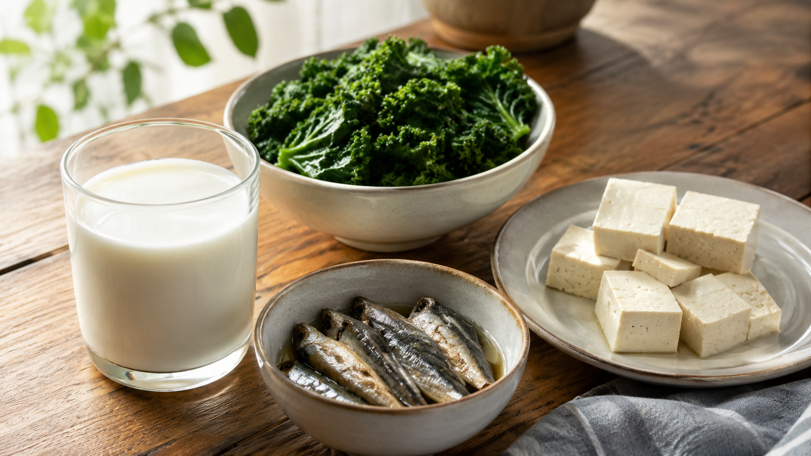 A glass of milk, sardines, tofu, and steamed kale arranged on a wooden table as examples of calcium-rich foods for bone health.