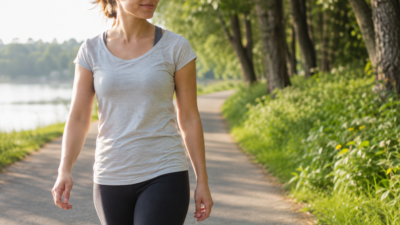 A woman walks along a peaceful lakeside path in soft morning sunlight, with green trees and plants surrounding the trail.