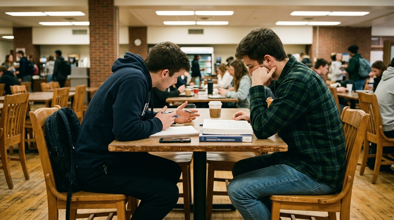 Two young men sitting across a university cafeteria table with an open book between them — representing the friendship and interfaith dialogue at the heart of Seeking Allah Finding Jesus