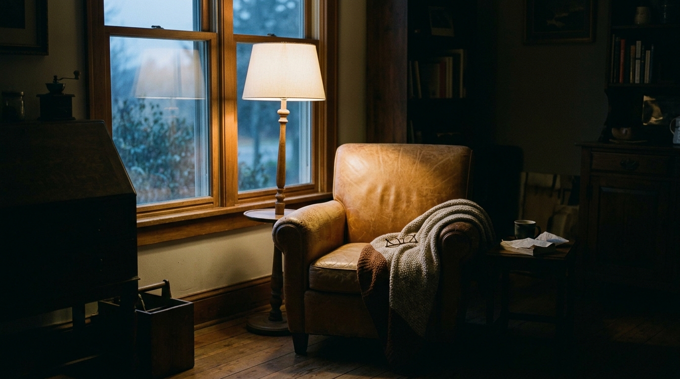 A worn reading chair beside a lit lamp, the rest of the room left in quiet half-dark