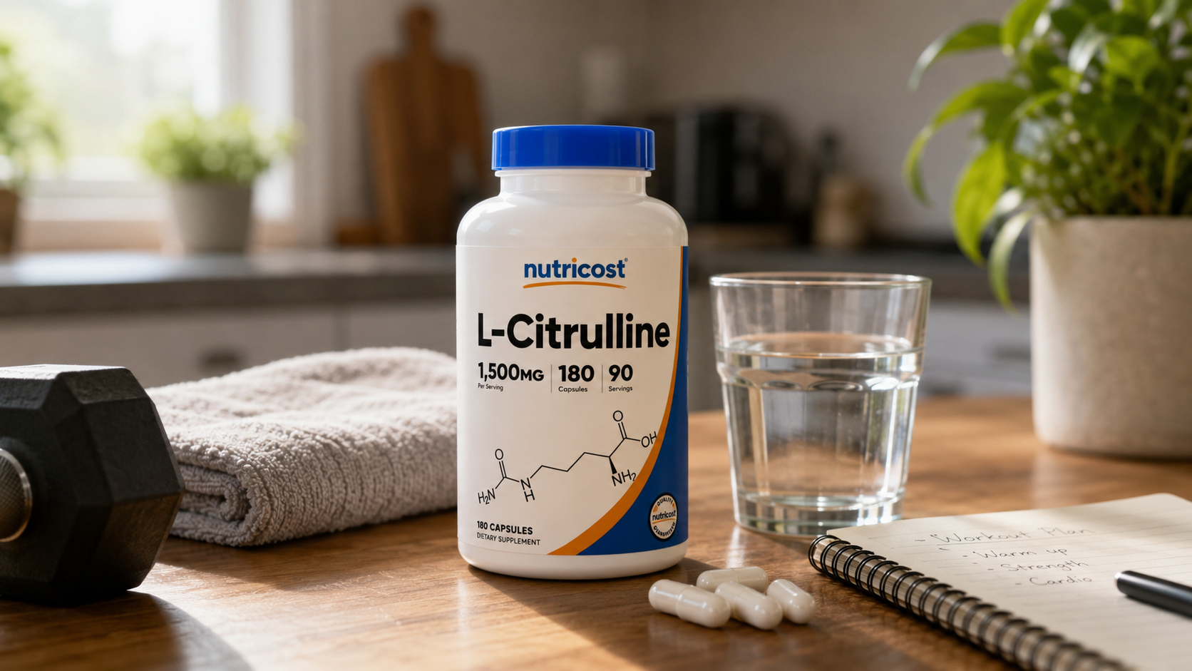 A bottle of L-citrulline supplements sits on a wooden table beside a glass of water, workout towel, dumbbell, capsules, and a workout notebook in a softly lit home setting.