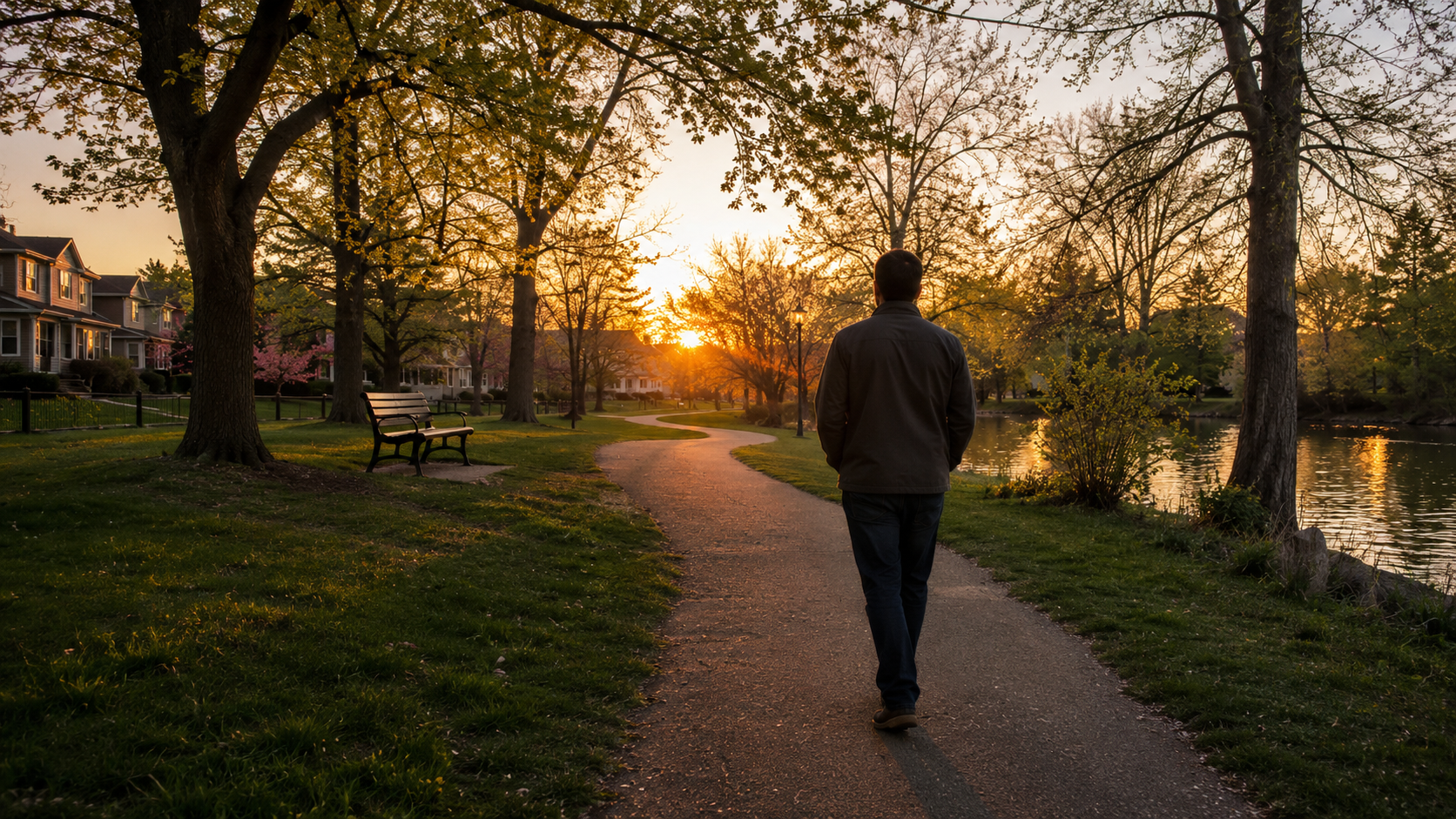 A middle-aged man walks alone along a quiet park path at sunset, surrounded by trees and warm golden light beside a small pond.