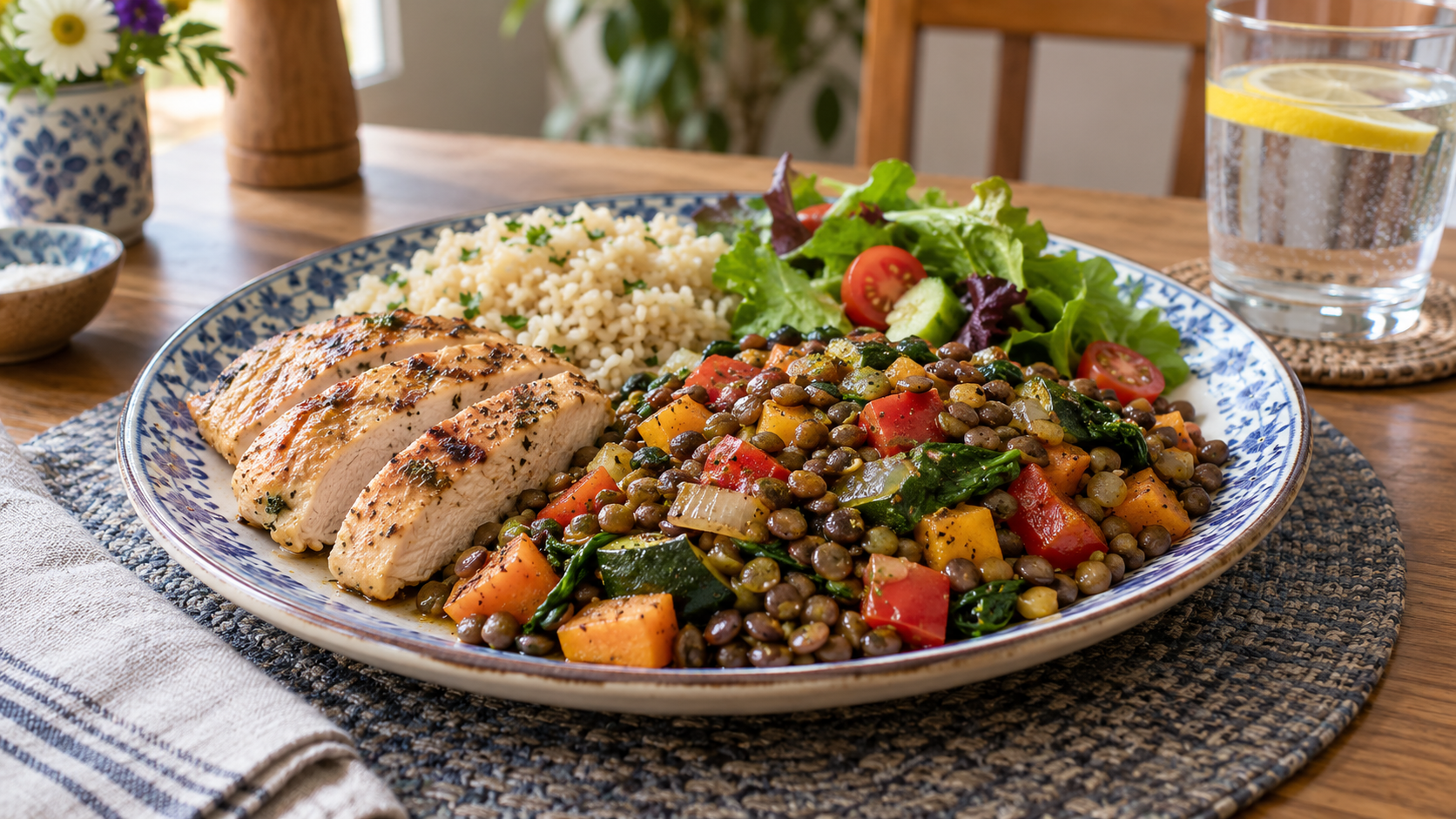 A balanced dinner plate with lentils and colorful vegetables, grilled chicken, brown rice, and a fresh green salad.