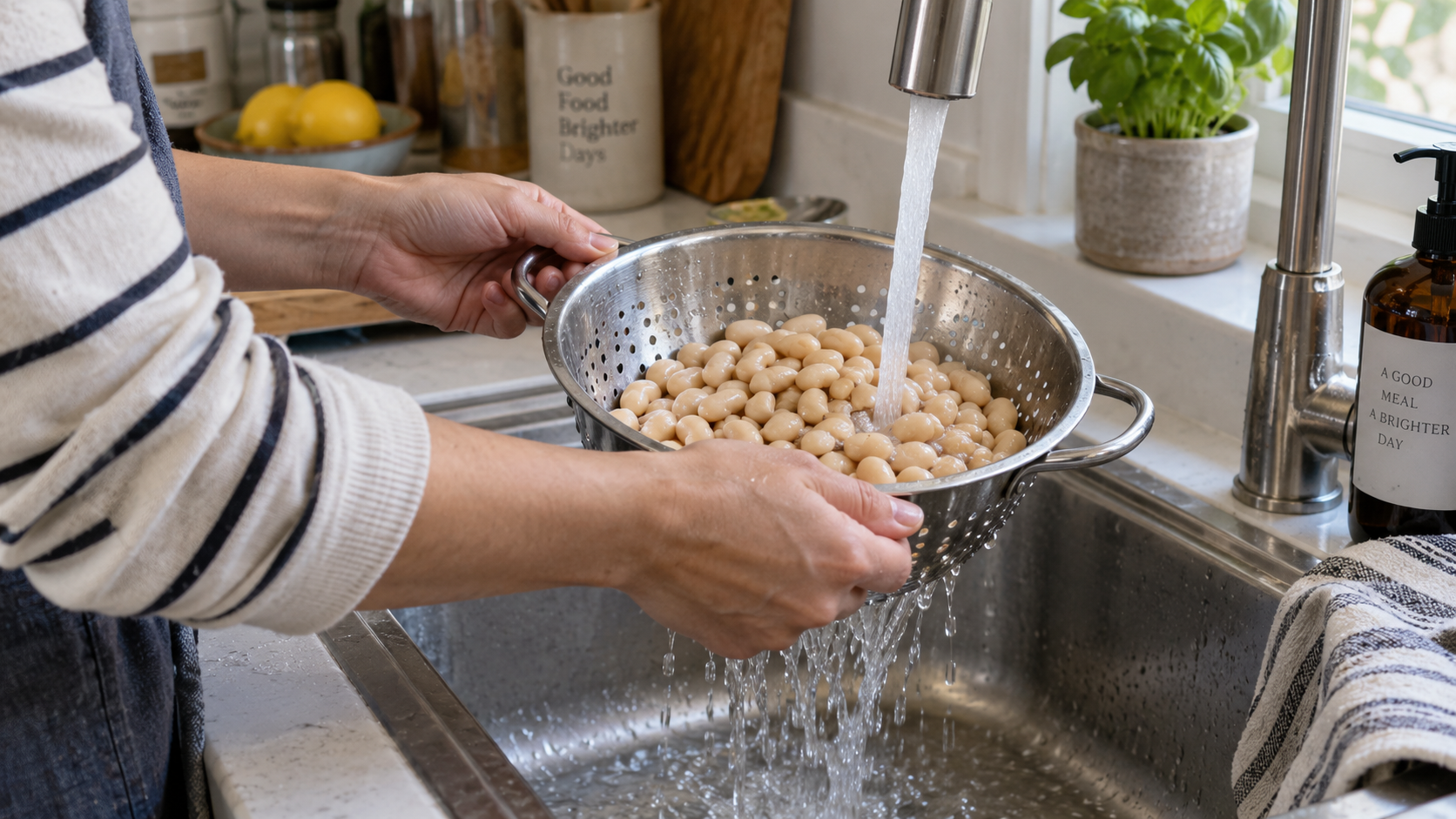 A person rinses canned white beans in a metal colander under running water at a kitchen sink.