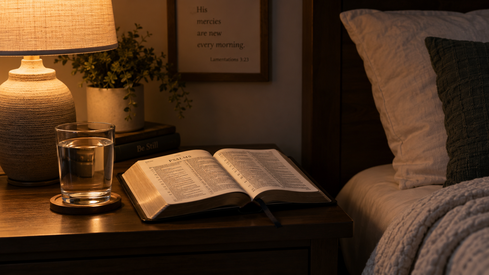 An open Bible, a glass of water, and a softly glowing lamp on a nightstand beside a bed, creating a peaceful evening atmosphere.
