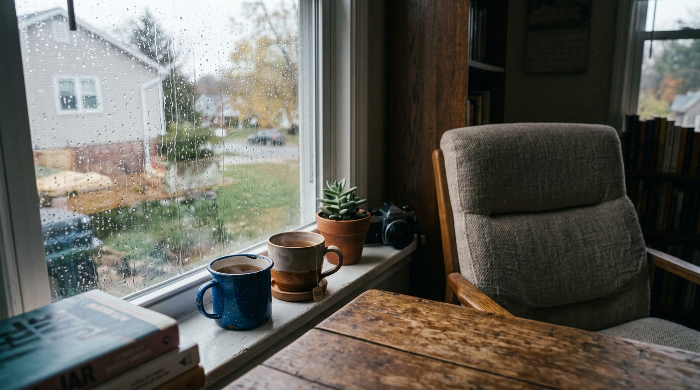 Two mugs on a rain-streaked windowsill in morning light, capturing the quiet tension of longing for Christian joy