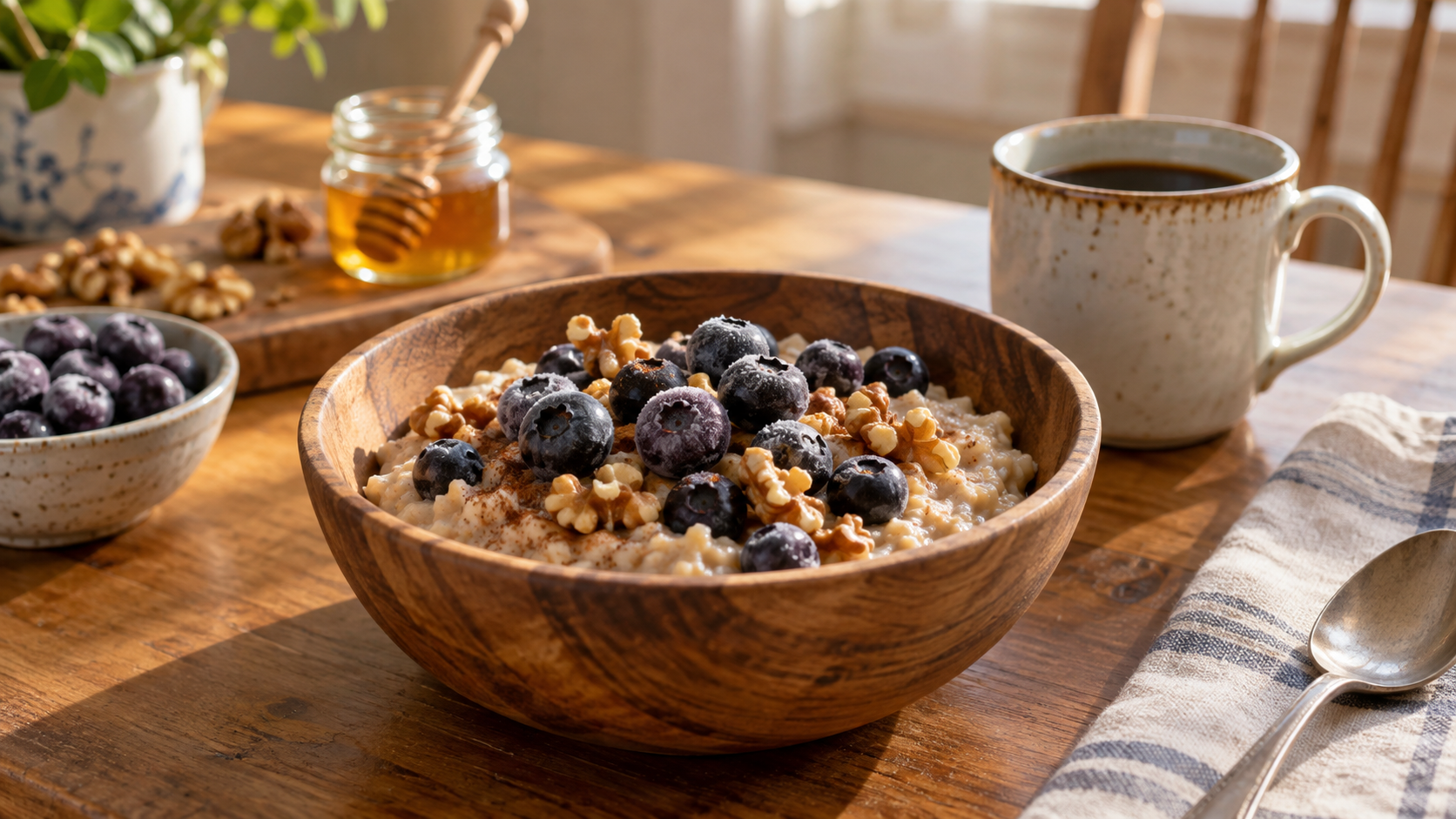 A wooden bowl of oatmeal topped with blueberries and walnuts on a sunlit kitchen table, served with coffee and fresh ingredients.