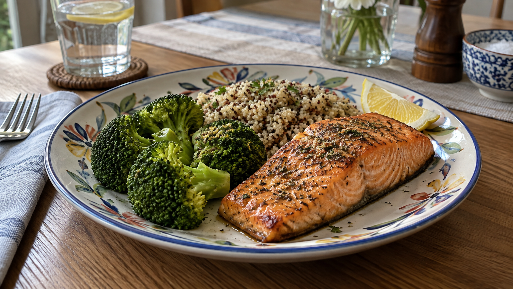 A plate of baked salmon served with steamed broccoli and quinoa on a home dining table.