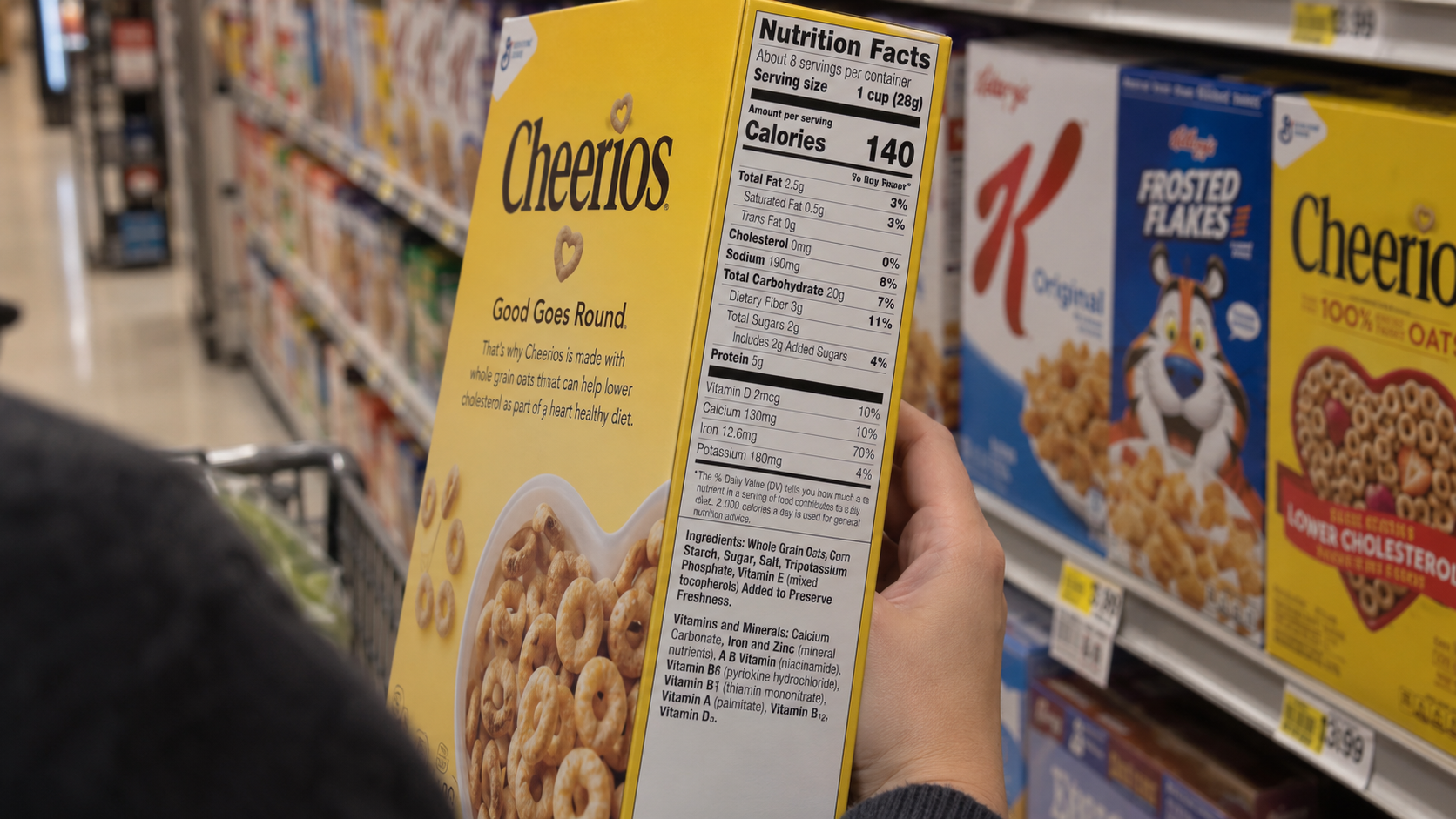 A shopper holds a cereal box and reads the Nutrition Facts label in a grocery store aisle.