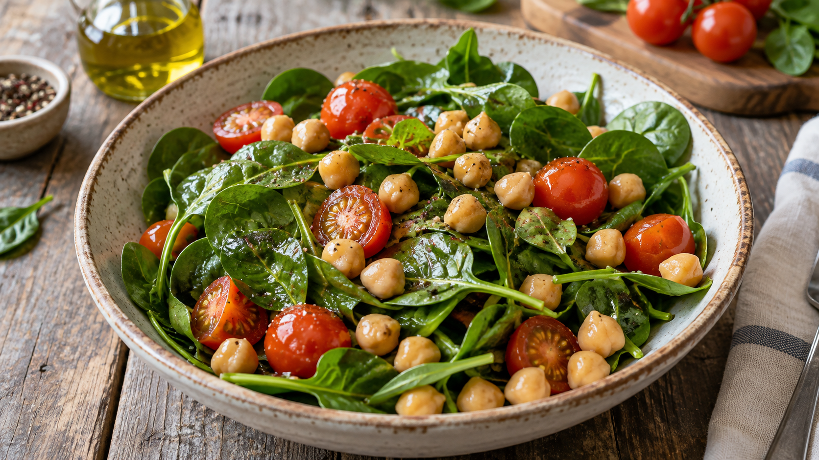 A fresh spinach salad with cherry tomatoes and chickpeas lightly dressed with olive oil on a rustic wooden table.