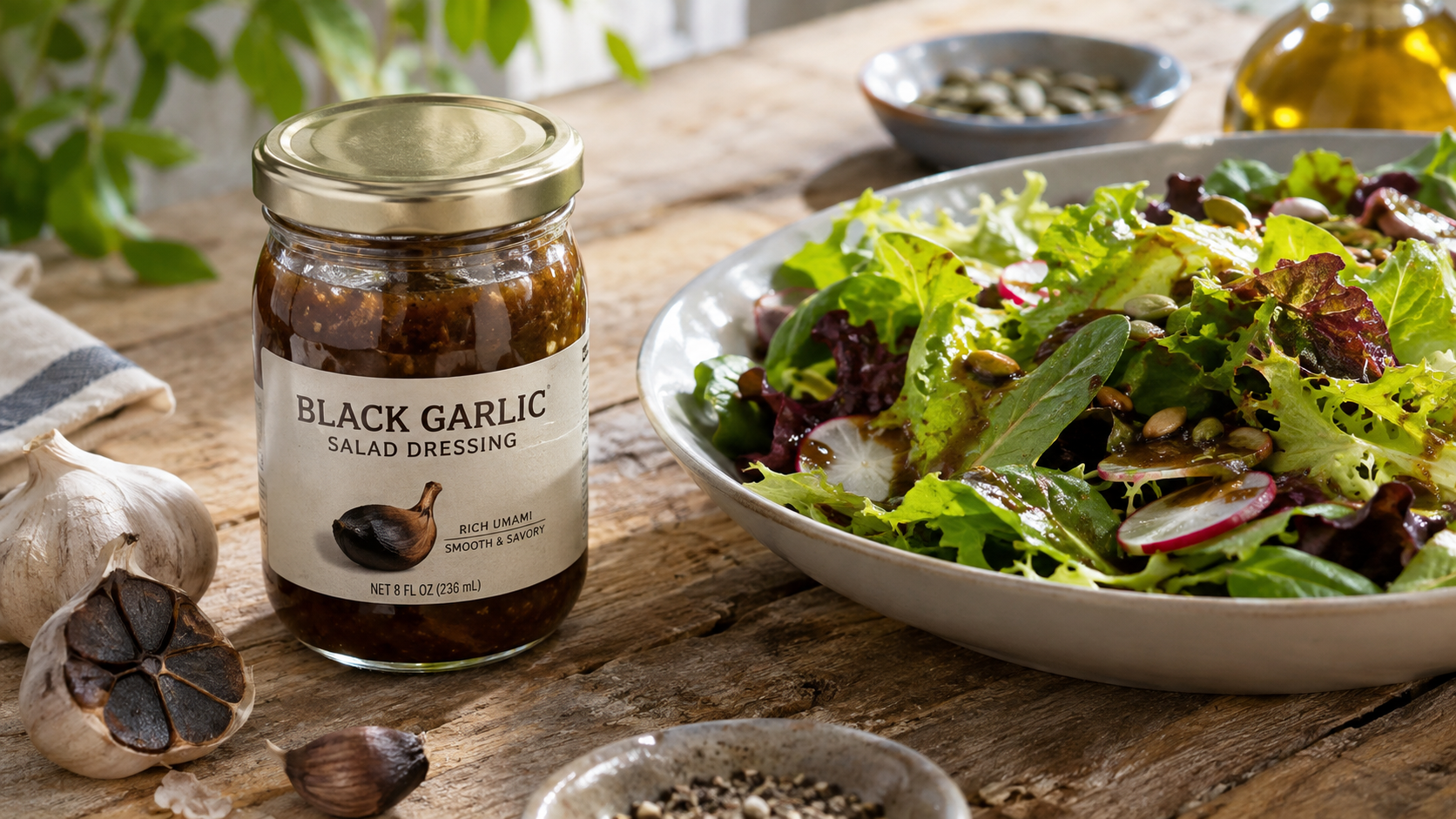 A small glass jar of black garlic salad dressing stands beside a fresh green salad on a rustic wooden table, with garlic and kitchen ingredients arranged nearby in natural daylight.