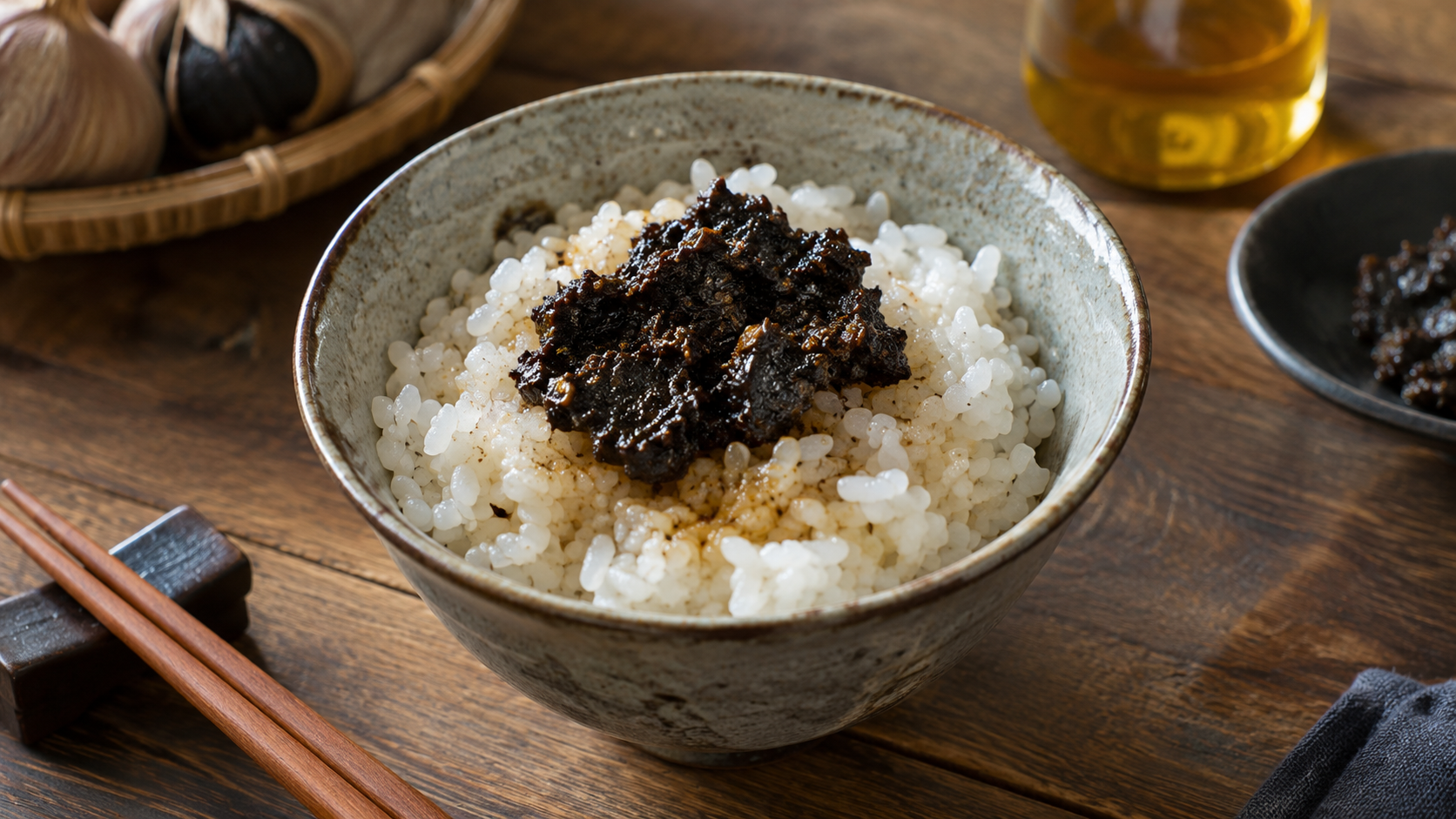 A simple bowl of white rice topped with mashed black garlic and a light drizzle of sesame oil sits on a wooden table, with chopsticks resting nearby in warm natural light.