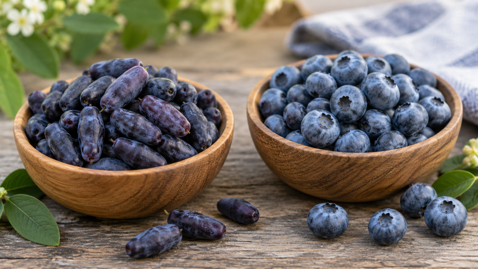 Two wooden bowls sit on a rustic wooden table, one filled with elongated dark purple haskap berries and the other with round blue blueberries in soft natural daylight.