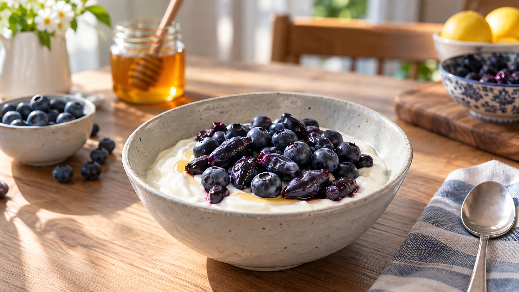 A bowl of plain Greek yogurt topped with haskap berries and blueberries sits on a sunlit kitchen table, creating a simple and fresh breakfast scene.