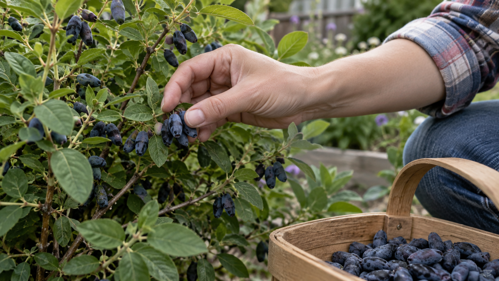 A person’s hand gently picks ripe haskap berries from a garden bush beside a wooden basket filled with freshly harvested berries.