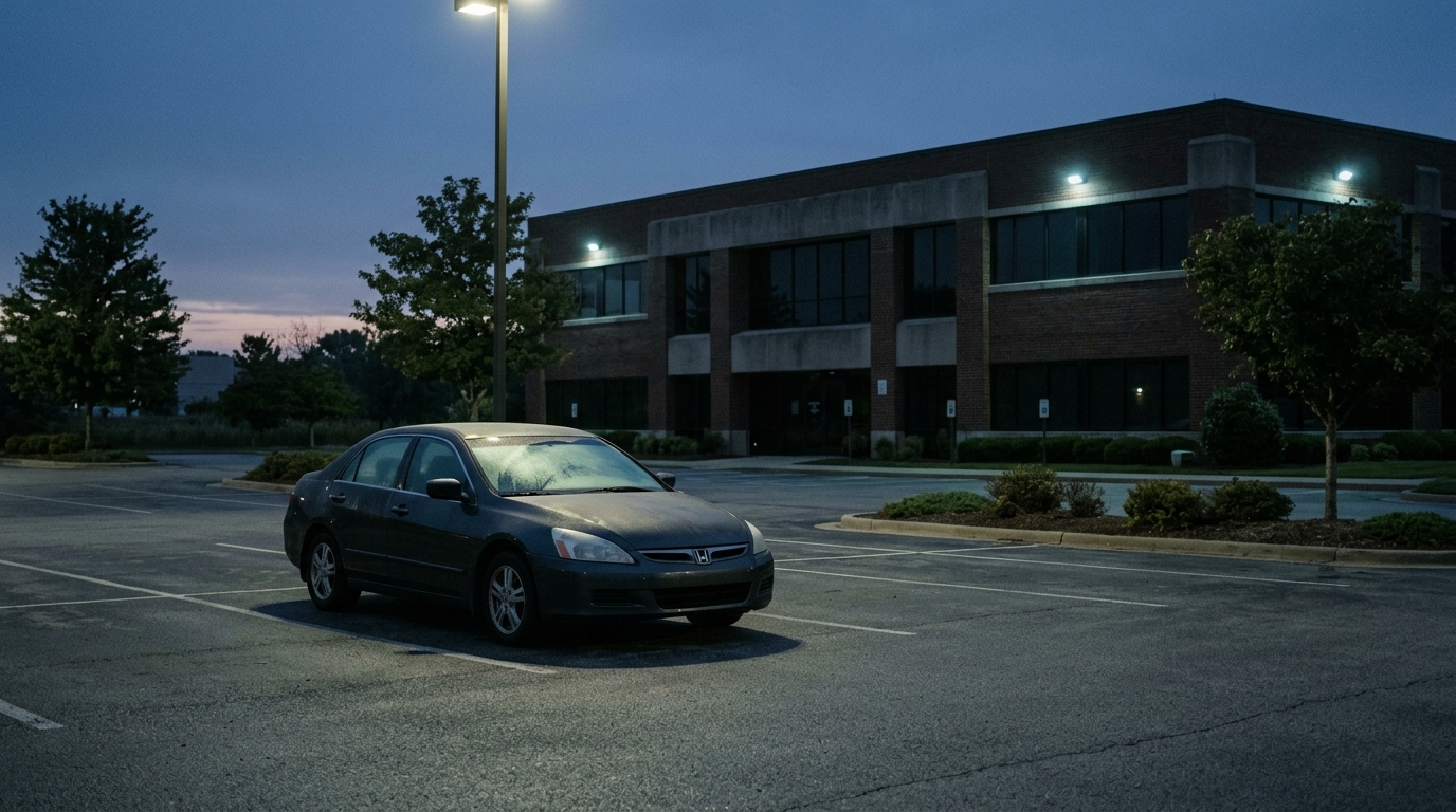 car parked outside an office before sunrise, representing stillness while becoming like Christ
