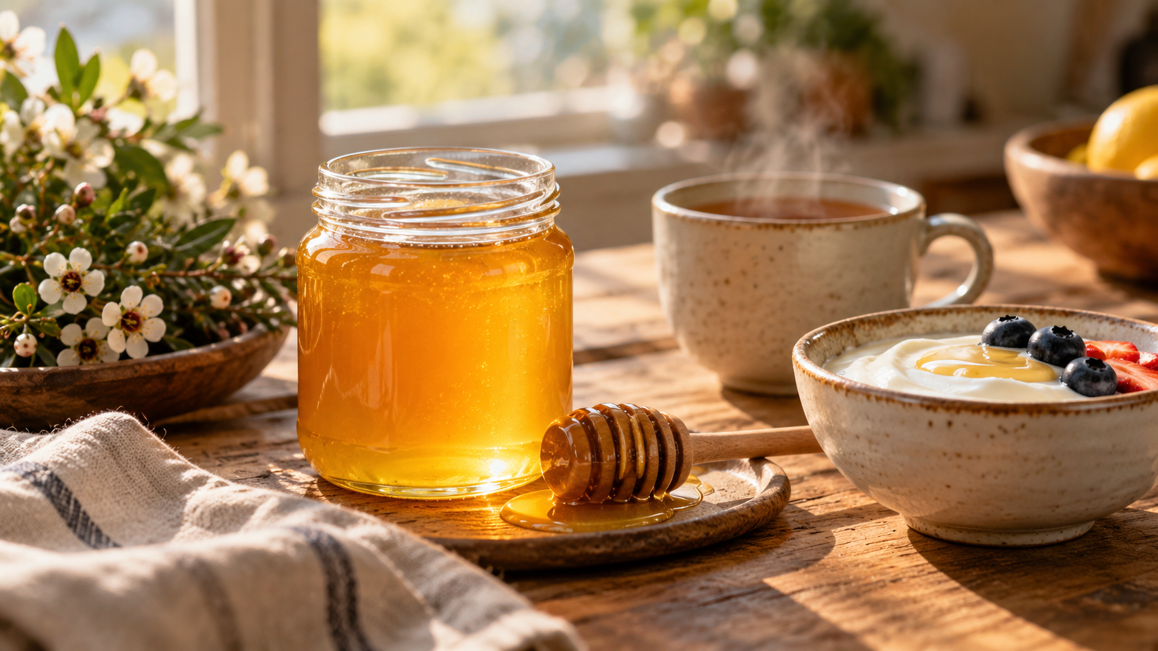 A glass jar of golden manuka honey with a wooden honey dipper, a cup of warm tea, and a bowl of yogurt on a rustic wooden table.