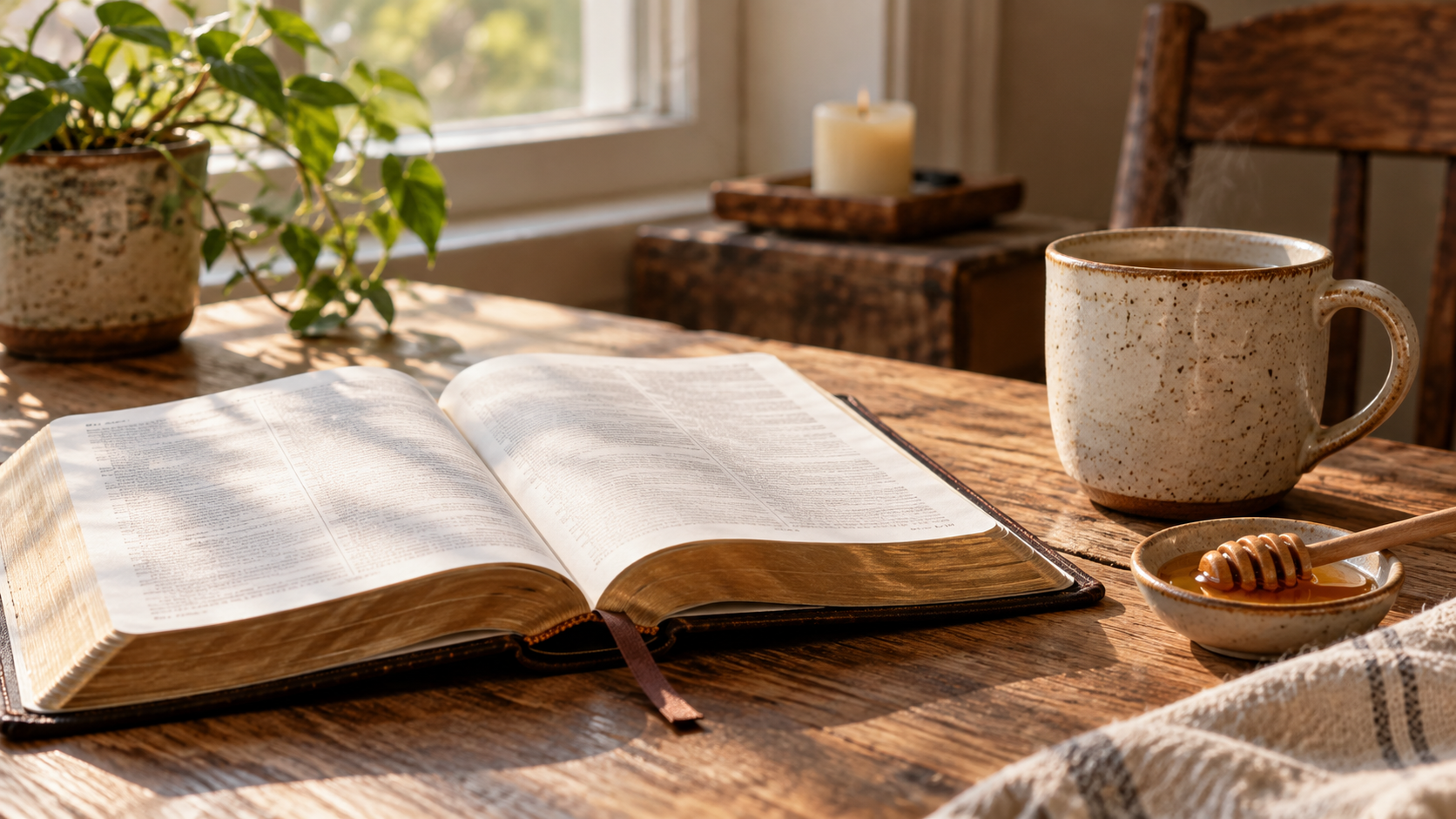 An open Bible on a rustic wooden table beside a small dish of honey, a wooden honey dipper, and a ceramic mug in warm natural light.