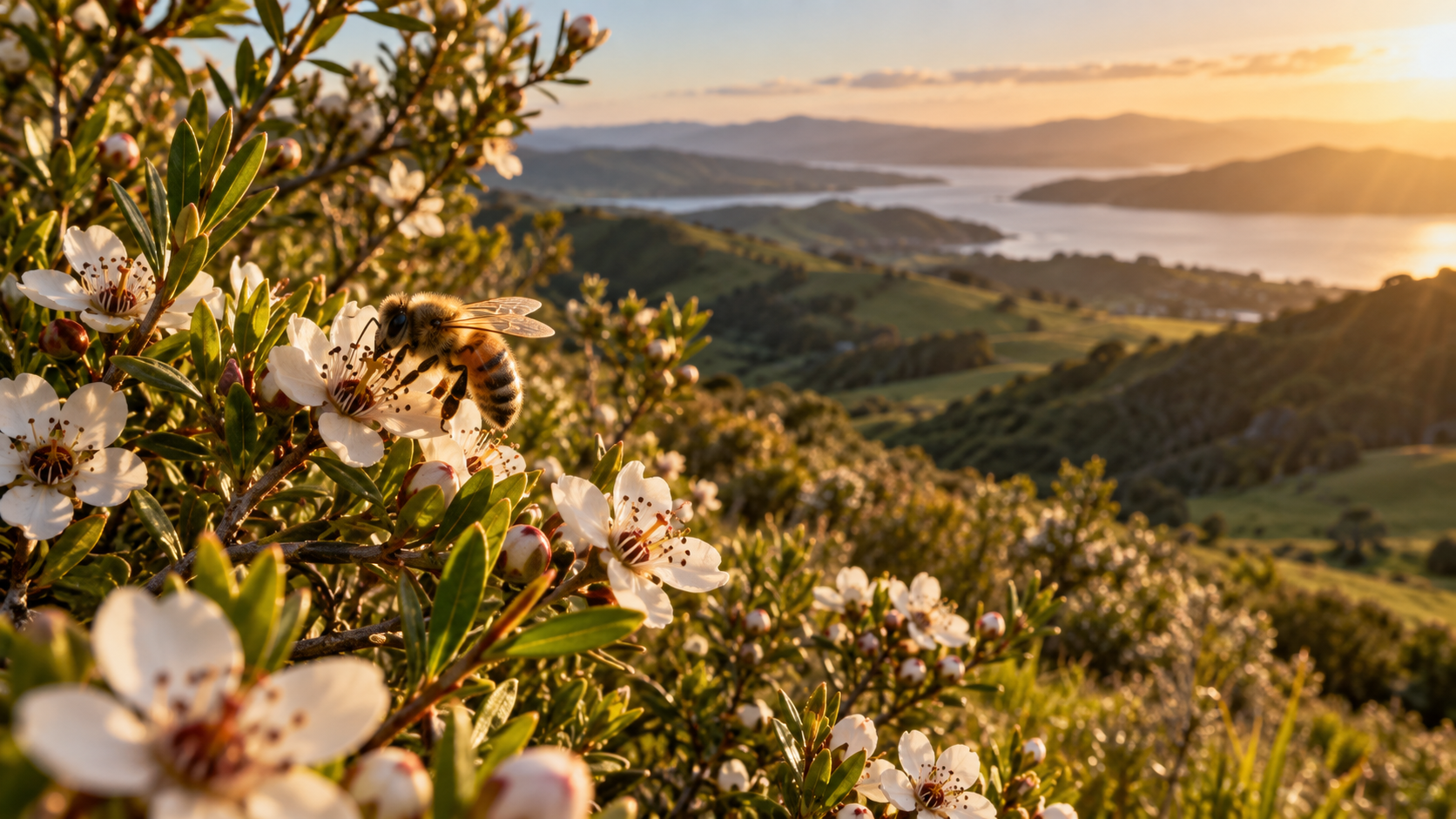 A honeybee collecting nectar from small white mānuka blossoms with green hills and a golden sunset in the background.