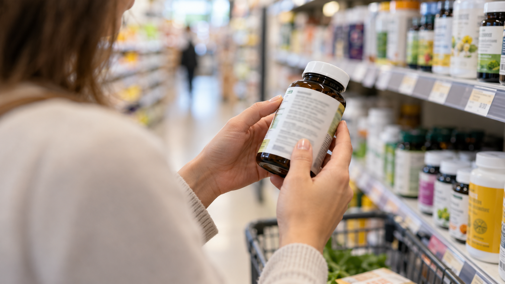 A shopper carefully reads the label on a supplement bottle in a brightly lit store aisle.