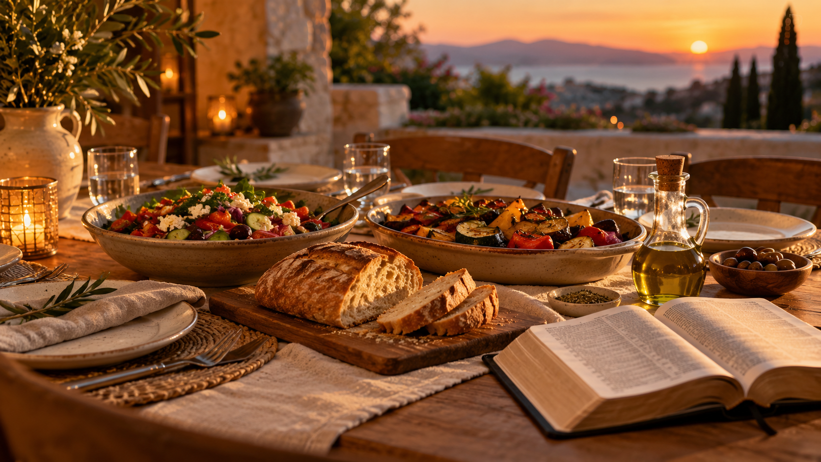 A Mediterranean-style dinner table with salad, roasted vegetables, bread, olive oil, and an open Bible in warm evening light.