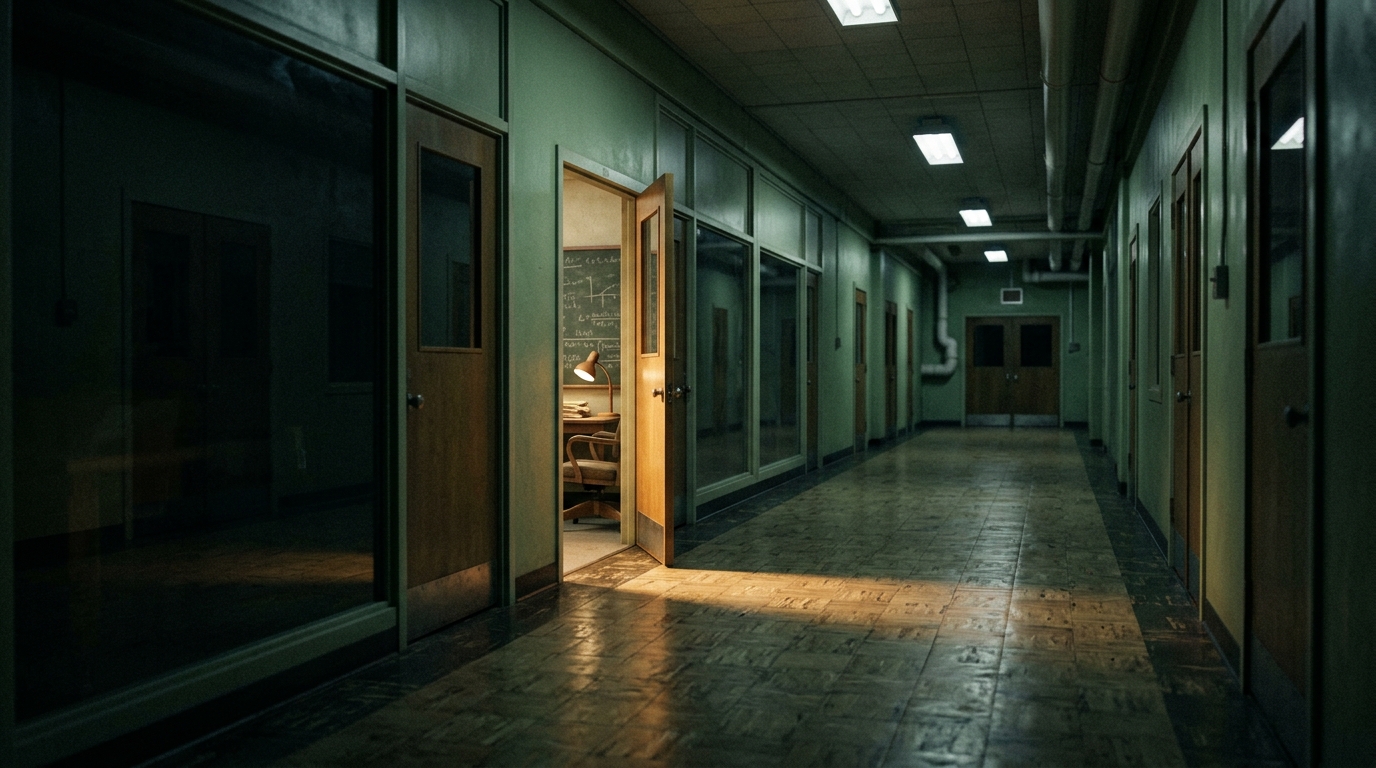 Dim research lab corridor with one office door open and lamplight on the floor