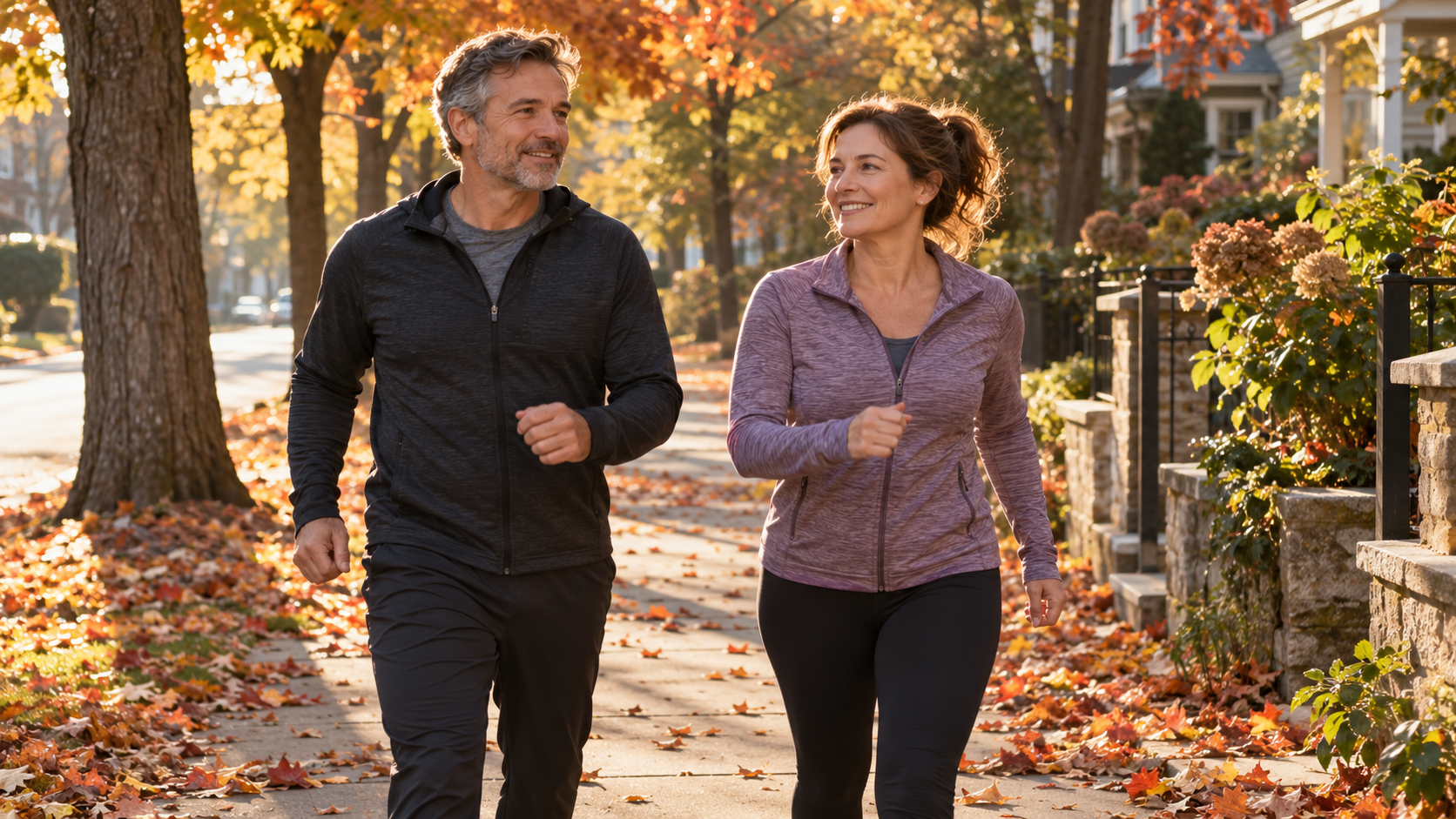 A middle-aged man and woman walking briskly together on a tree-lined neighborhood sidewalk covered with colorful fall leaves in warm morning sunlight.