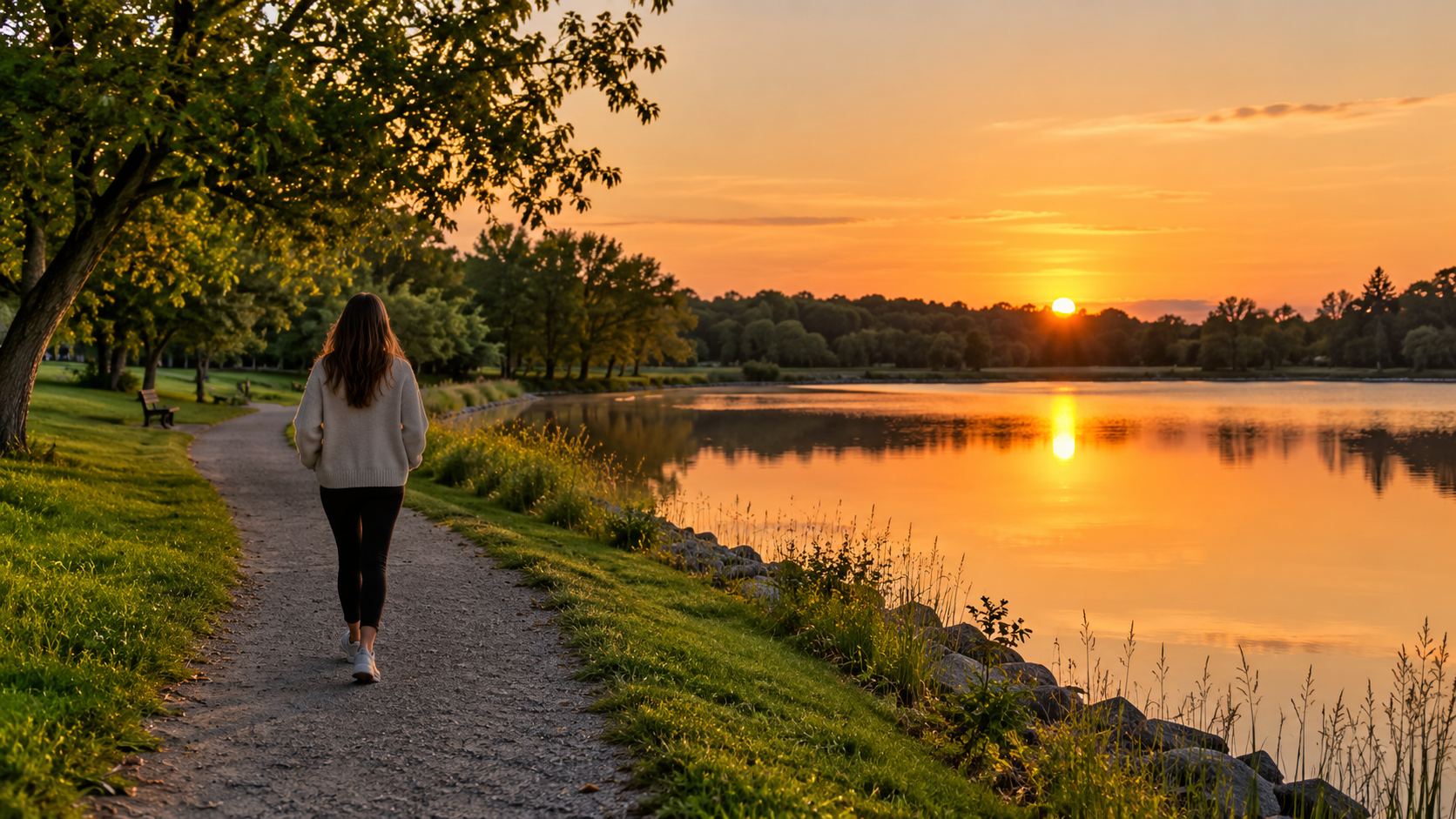 A woman walking alone along a peaceful lakeside trail at sunset, with golden sunlight reflecting on calm water and green trees lining the path.