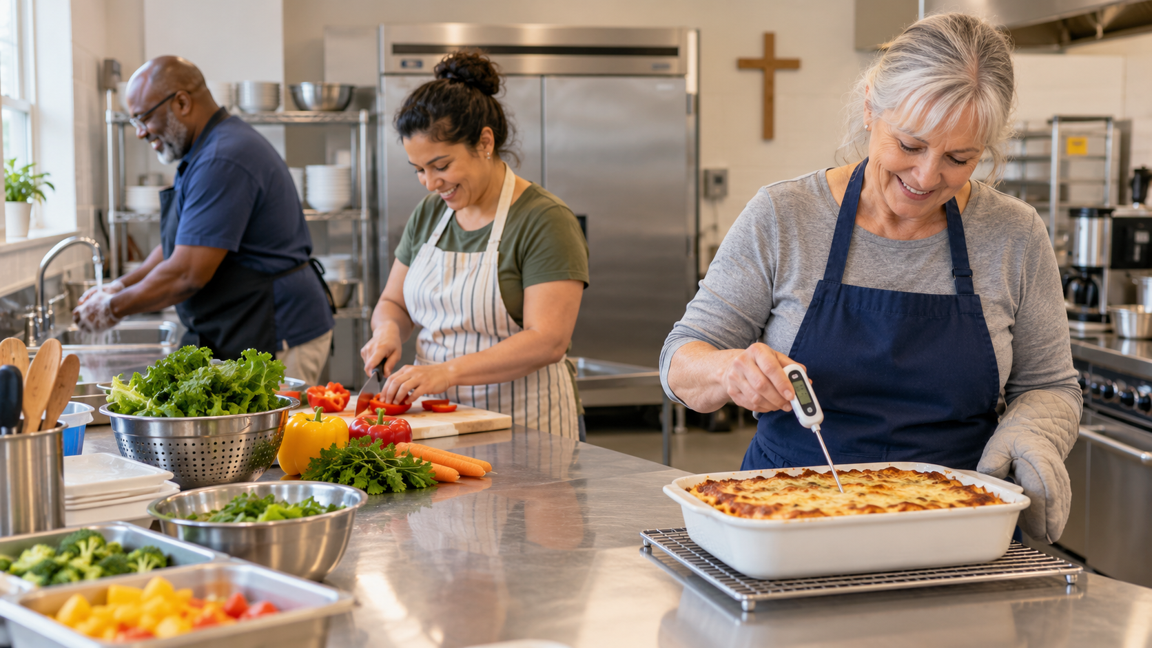 Three volunteers work together in a clean church kitchen, with one person washing hands at the sink, another chopping vegetables on a cutting board, and a third checking a casserole with a food thermometer.