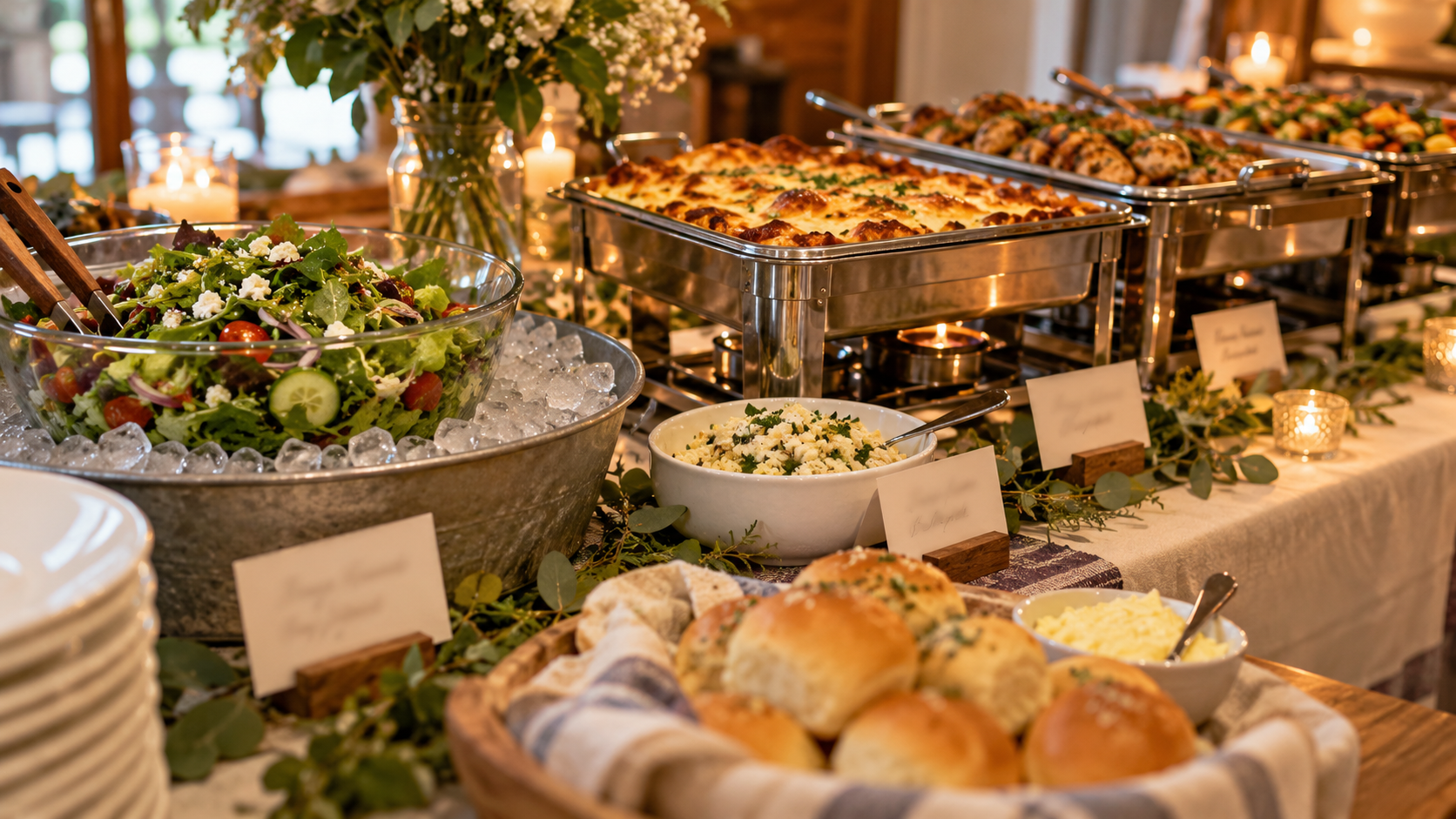 A close-up of a church potluck buffet table featuring a fresh salad bowl set over ice, hot dishes in warming trays, bread rolls, side dishes, and small blurred food labels in a warm and inviting setting.