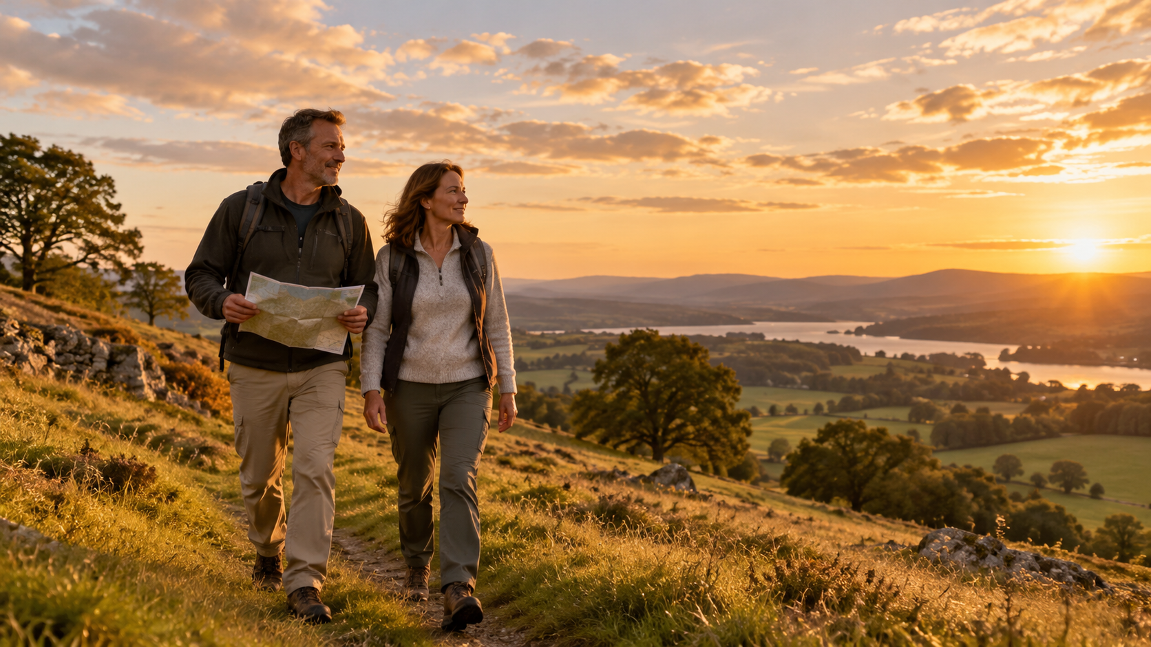 A middle-aged couple walks along a grassy hillside trail at sunset, carrying a map and enjoying the peaceful landscape.